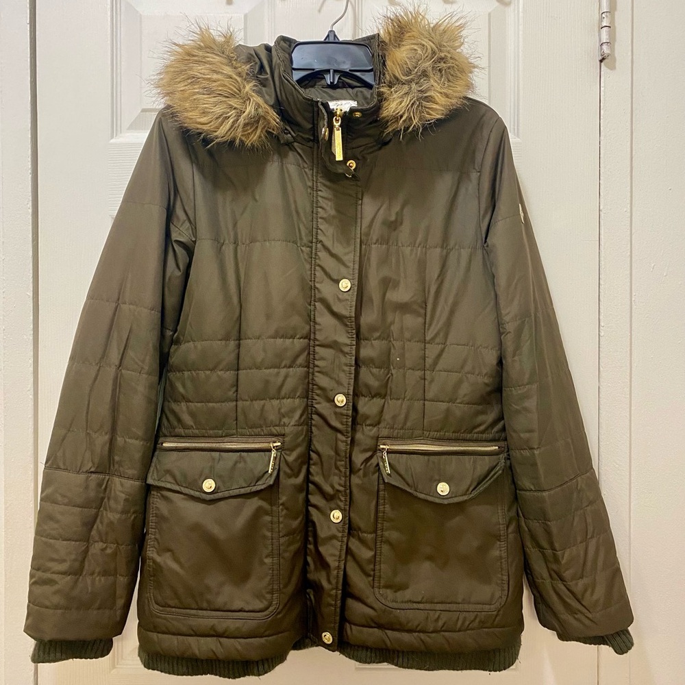 Kensie Green and Tan Puffer Jacket with Faux Fur Hood